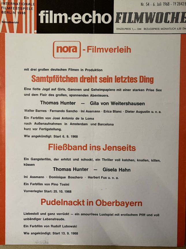 FILM-ECHO FILMWOCHE magazine side cover Issue 54 6 July 1968