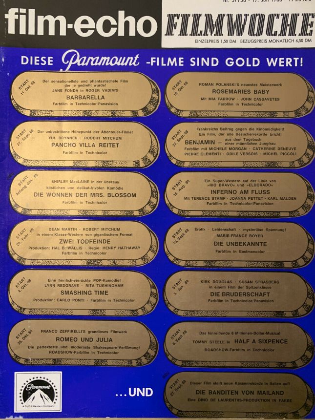 FILM-ECHO FILMWOCHE magazine side cover Issue 57-8 17 July 1968