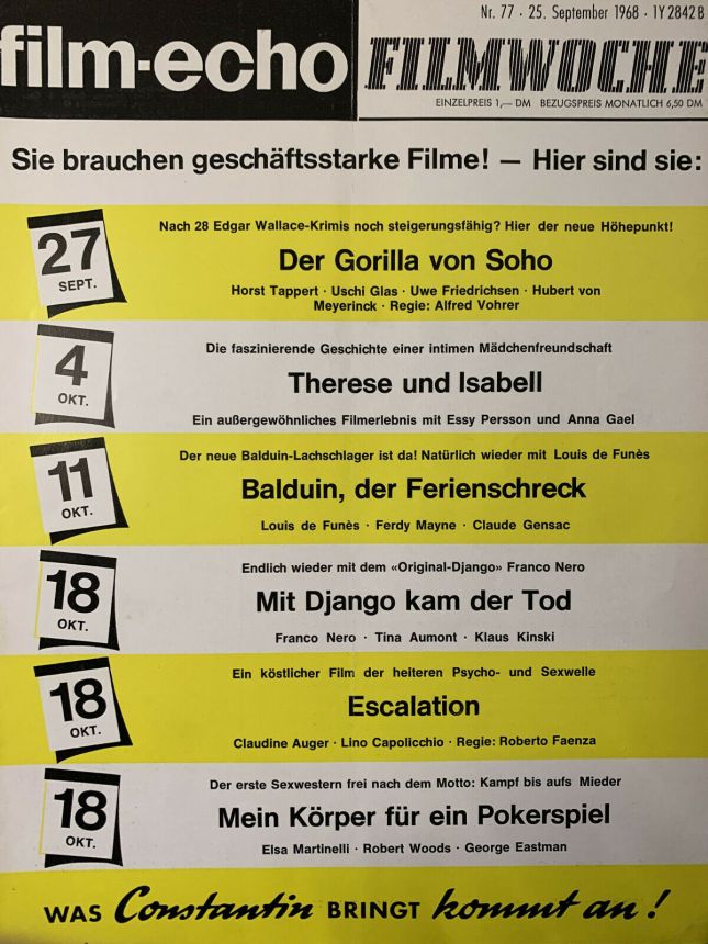 FILM-ECHO FILMWOCHE magazine side cover Issue 77 25 September 1968