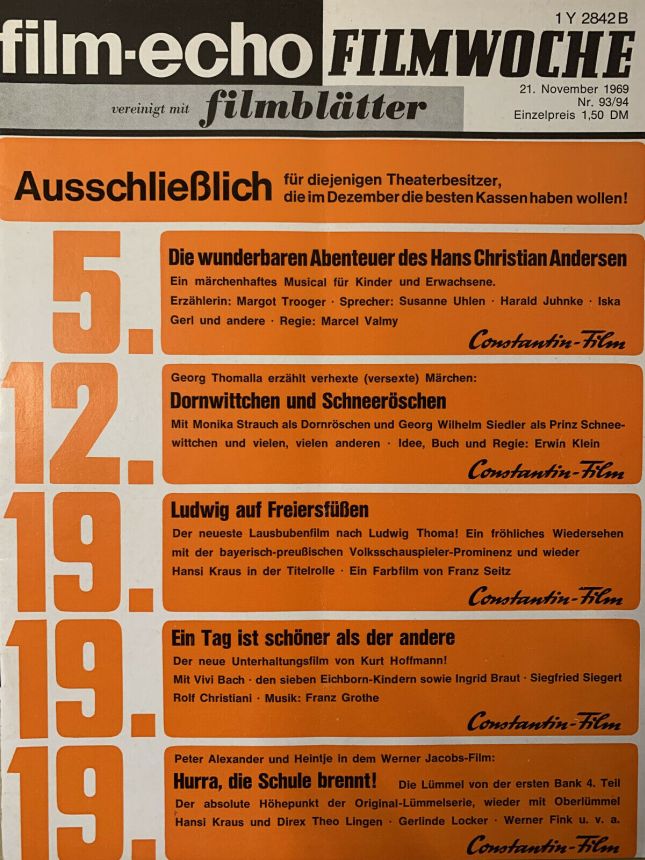 FILM-ECHO FILMWOCHE magazine side cover Issue 93-4 21 November 1969