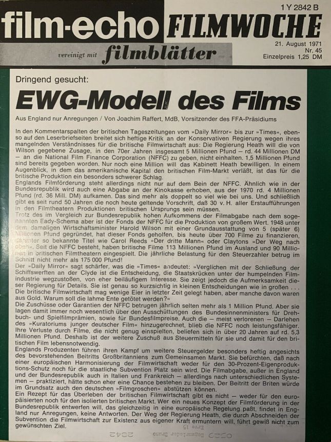 FILM-ECHO FILMWOCHE magazine side cover Issue 45 21 August 1971