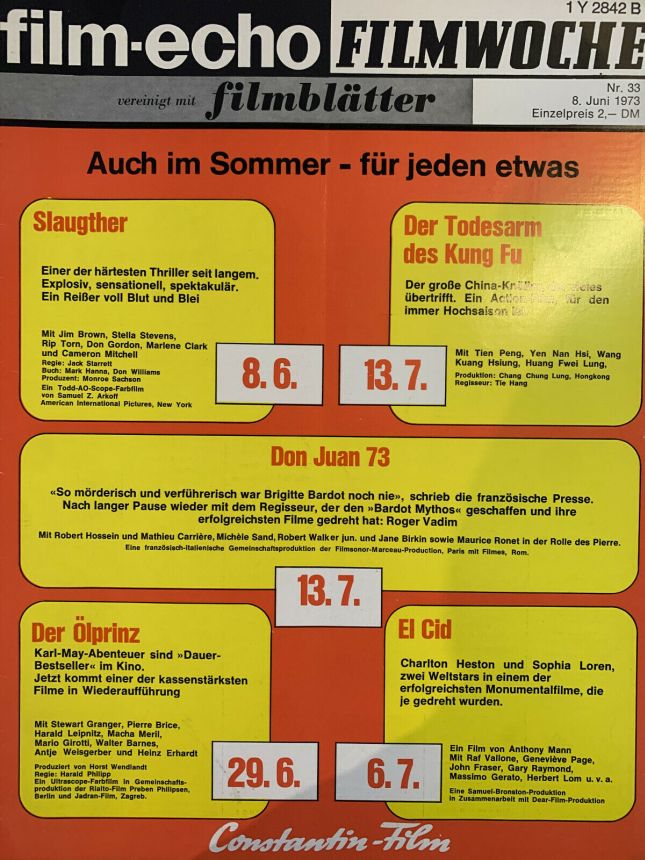 FILM-ECHO FILMWOCHE magazine side cover Issue 33 8 June 1973