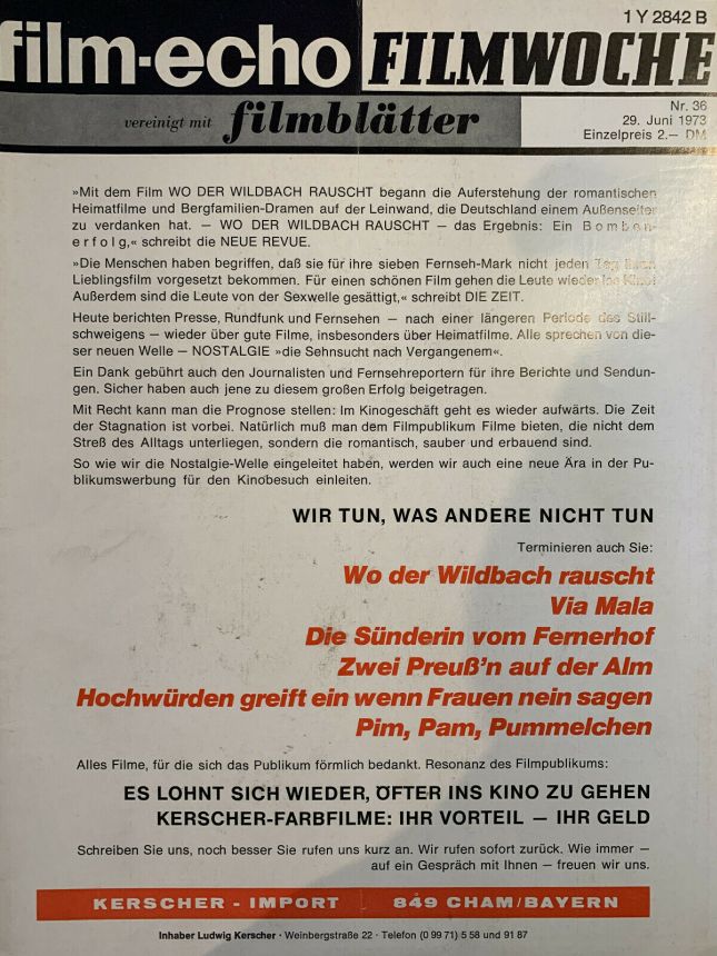 FILM-ECHO FILMWOCHE magazine side cover Issue 36 29 June 1973