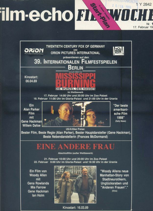 FILM-ECHO FILMWOCHE magazine side cover Issue 10 17 February 1989