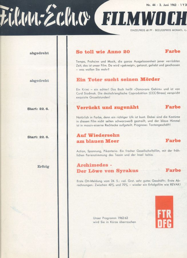 FILM-ECHO FILMWOCHE magazine side cover Issue 44 2 June 1962