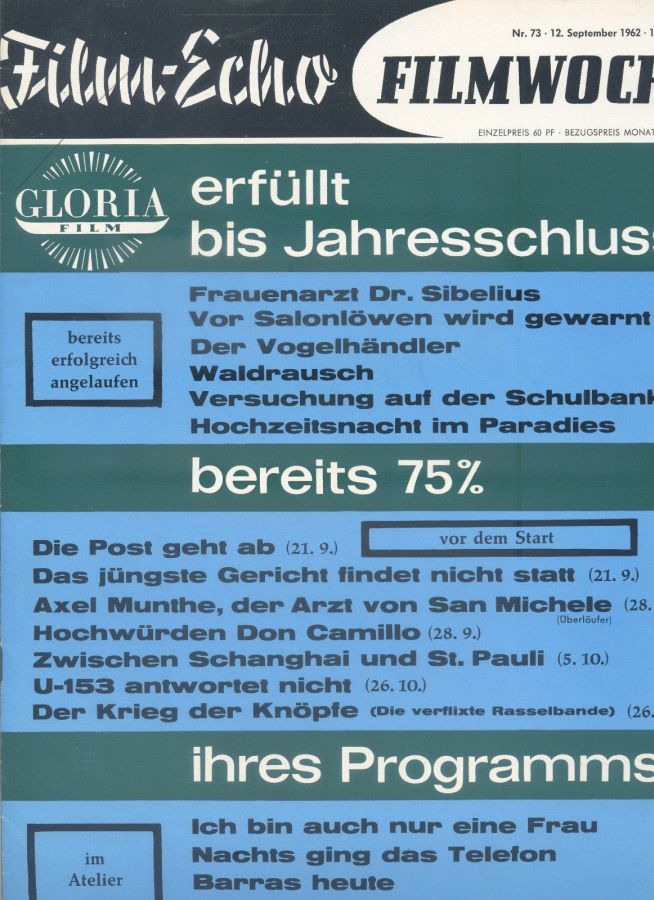 FILM-ECHO FILMWOCHE magazine side cover Issue 73 12 September 1962