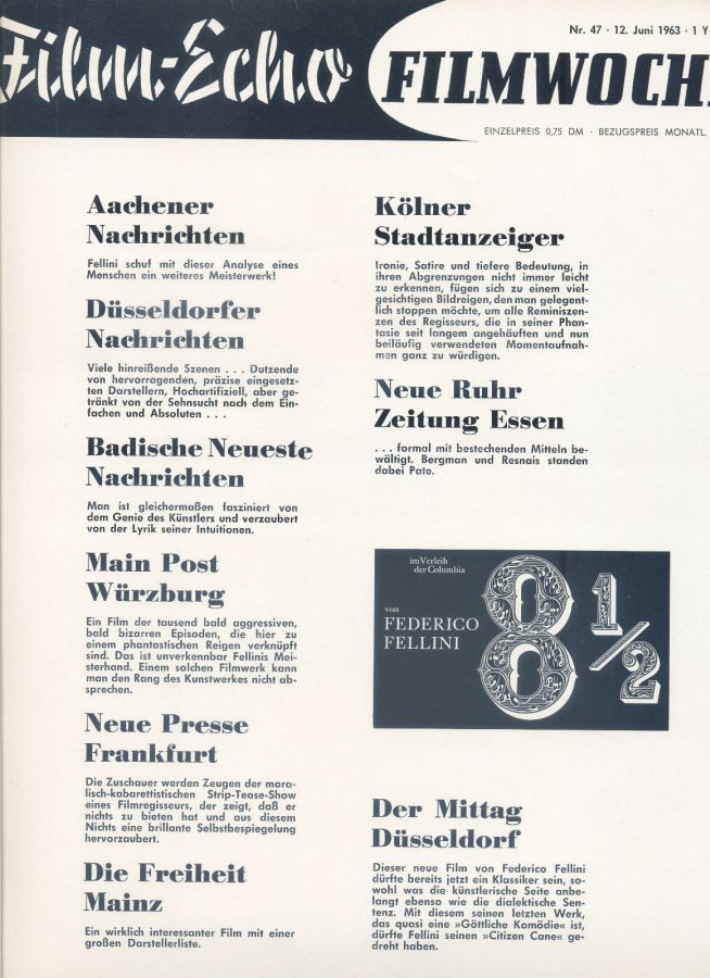FILM-ECHO FILMWOCHE magazine side cover Issue 47 12 June 1963
