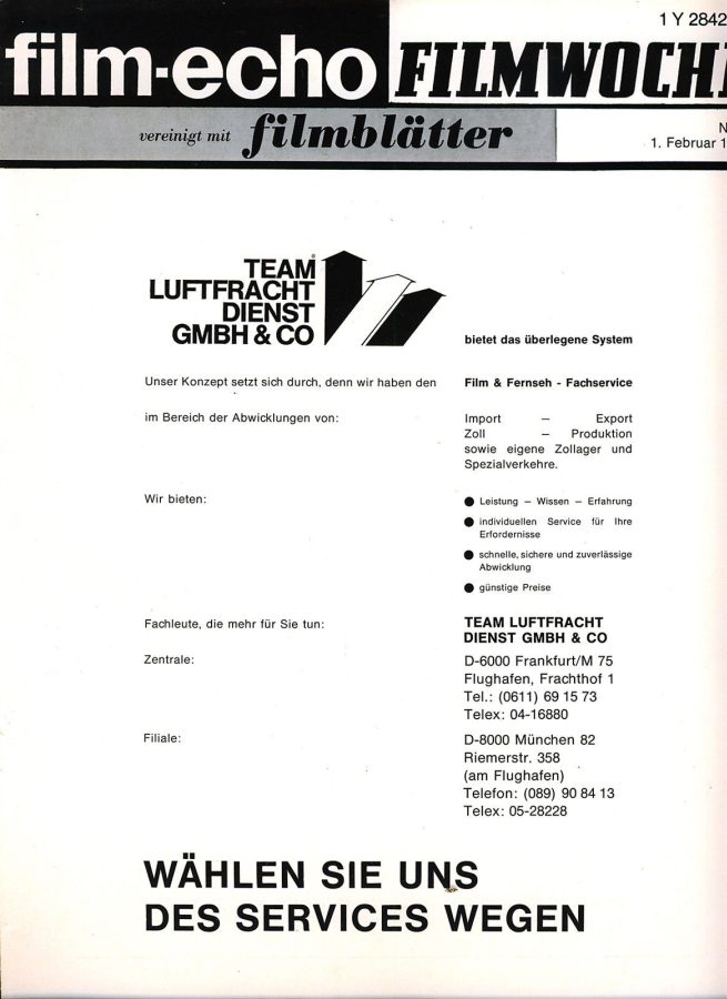 FILM-ECHO FILMWOCHE magazine side cover Issue 6 1 February 1978