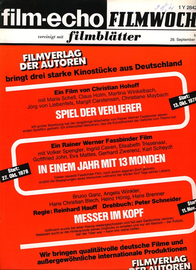 FILM-ECHO FILMWOCHE magazine side cover Issue 54 29 September 1978