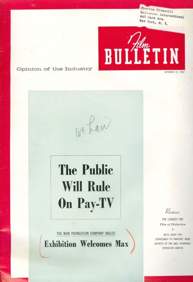 FILM BULLETIN magazine side cover 15 October 1962