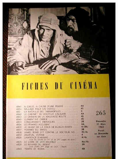 FICHES DU CINEMA | LES magazine side cover Issue 265 31 March 1963