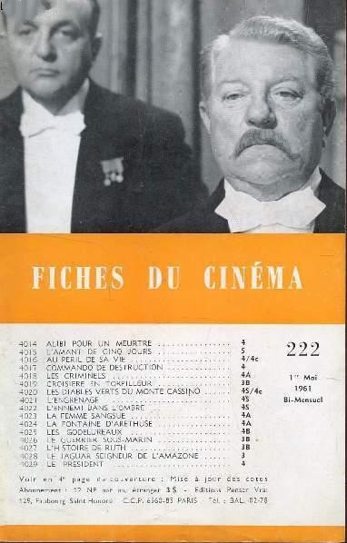 FICHES DU CINEMA | LES magazine side cover Issue 222 1 May 1961