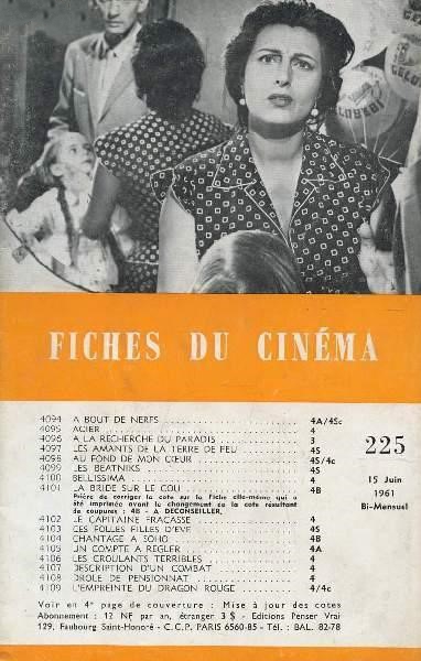 FICHES DU CINEMA | LES magazine side cover Issue 225 15 June 1961