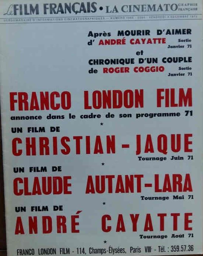 FILM FRANCAIS | LE magazine side cover Issue 1366 4 December 1970