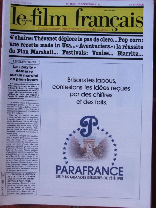 FILM FRANCAIS | LE magazine side cover Issue 1868 18 September 1981