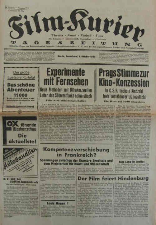FILM-KURIER magazine side cover 1 October 1932