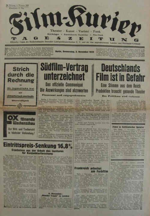 FILM-KURIER magazine side cover 3 November 1932