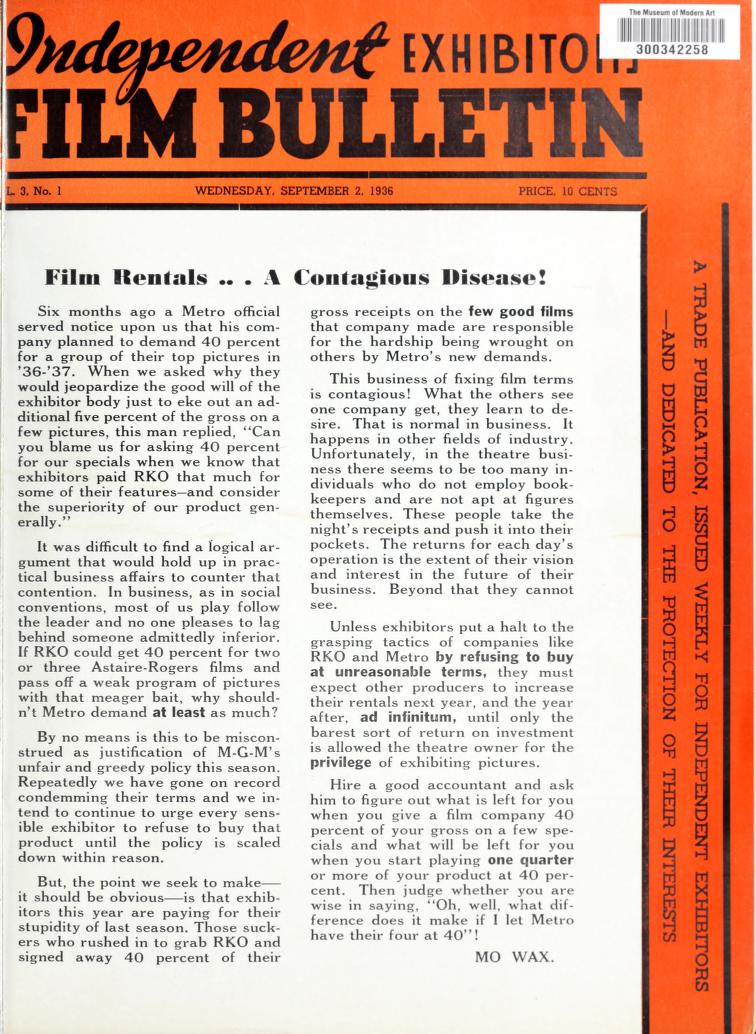 FILM BULLETIN magazine side cover 2 September 1936
