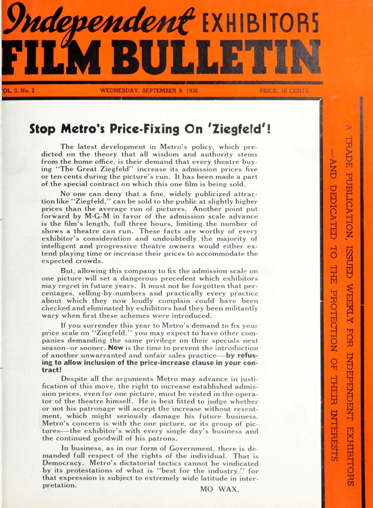 FILM BULLETIN magazine side cover 9 September 1936