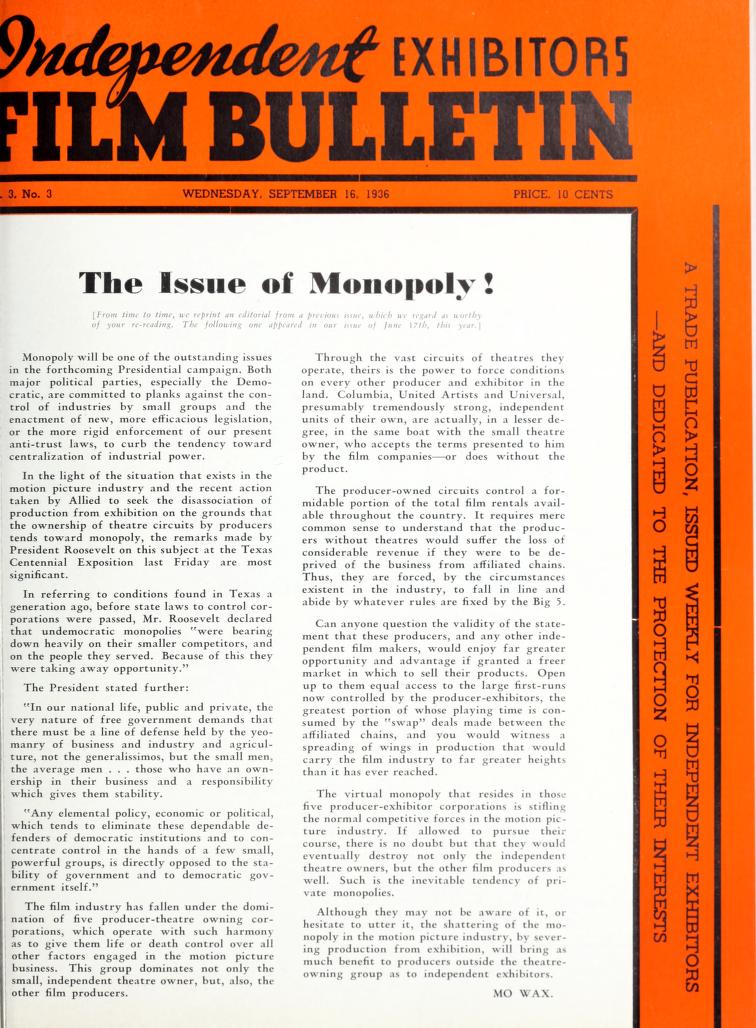 FILM BULLETIN magazine side cover 16 September 1936