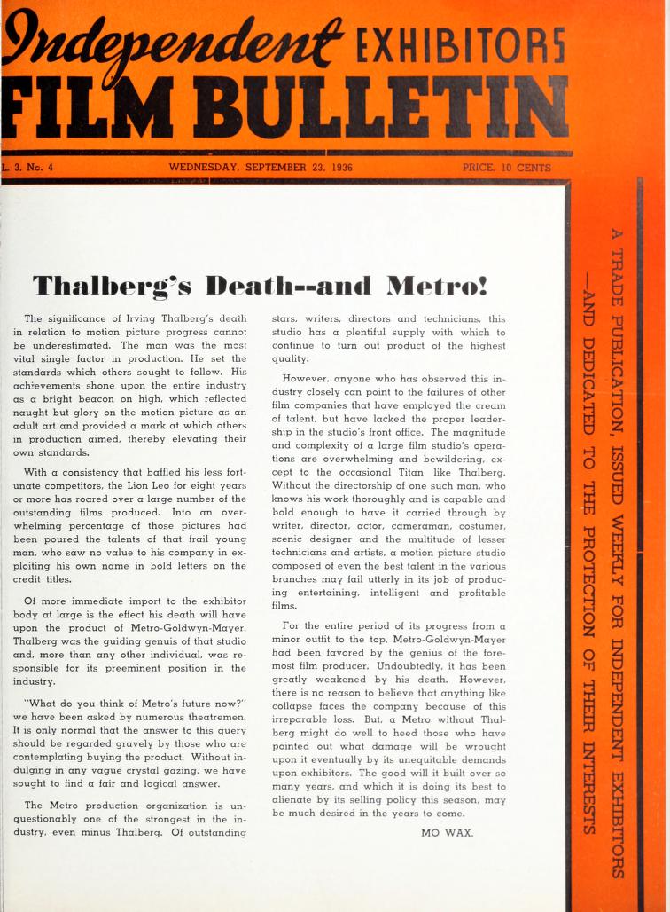 FILM BULLETIN magazine side cover 23 September 1936