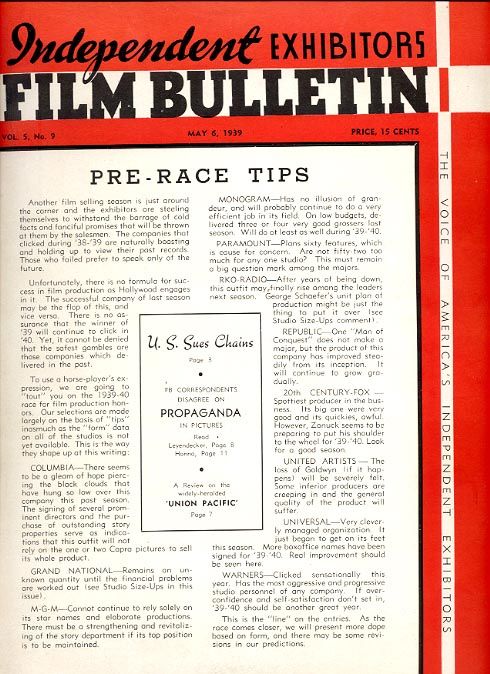 FILM BULLETIN magazine side cover 6 May 1939