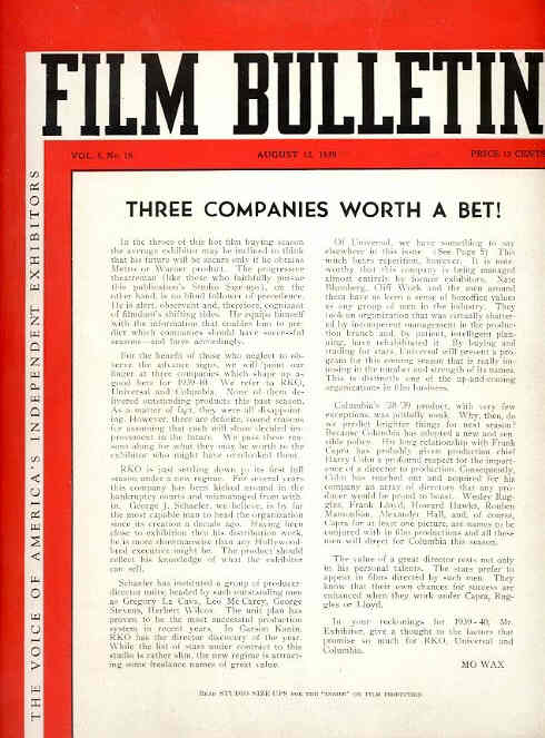 FILM BULLETIN magazine side cover 12 August 1939