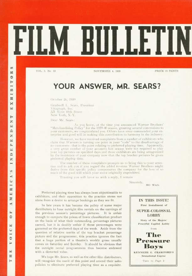 FILM BULLETIN magazine side cover 4 November 1939