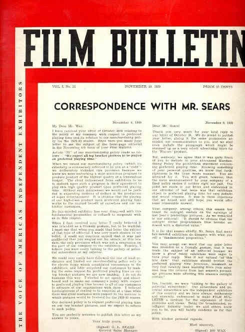 FILM BULLETIN magazine side cover 18 November 1939