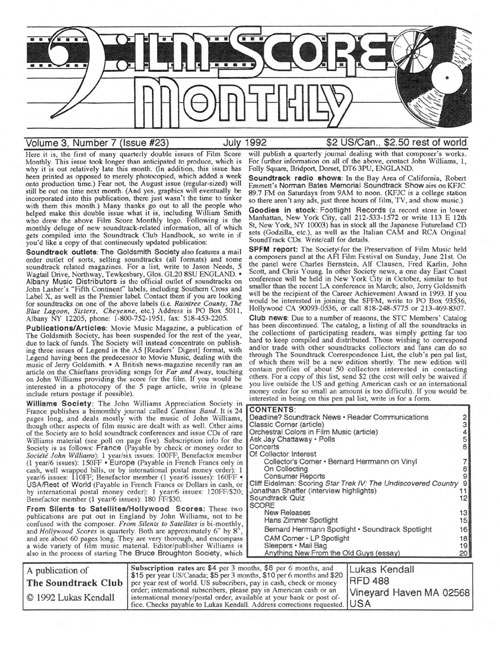 FILM SCORE MONTHLY magazine side cover Issue 23 July 1992