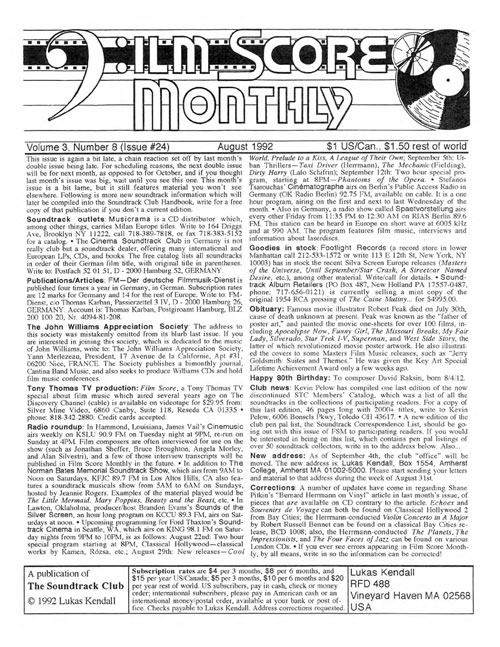 FILM SCORE MONTHLY magazine side cover Issue 24 August 1992