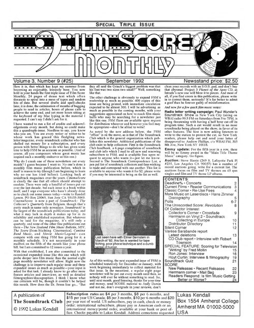 FILM SCORE MONTHLY magazine side cover Issue 25 September 1992