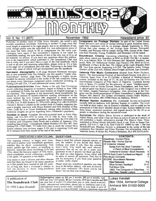FILM SCORE MONTHLY magazine side cover Issue 27 November 1992