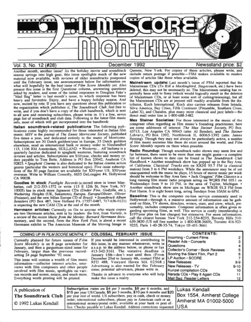 FILM SCORE MONTHLY magazine side cover Issue 28 December 1992