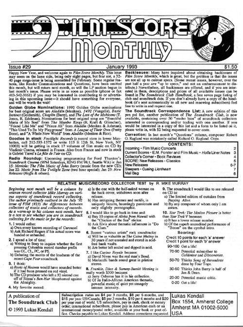 FILM SCORE MONTHLY magazine side cover Issue 29 January 1993