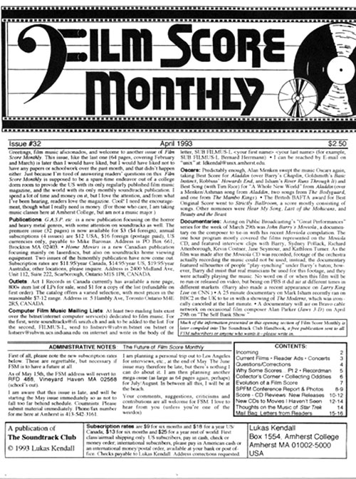 FILM SCORE MONTHLY magazine side cover Issue 32 April 1993