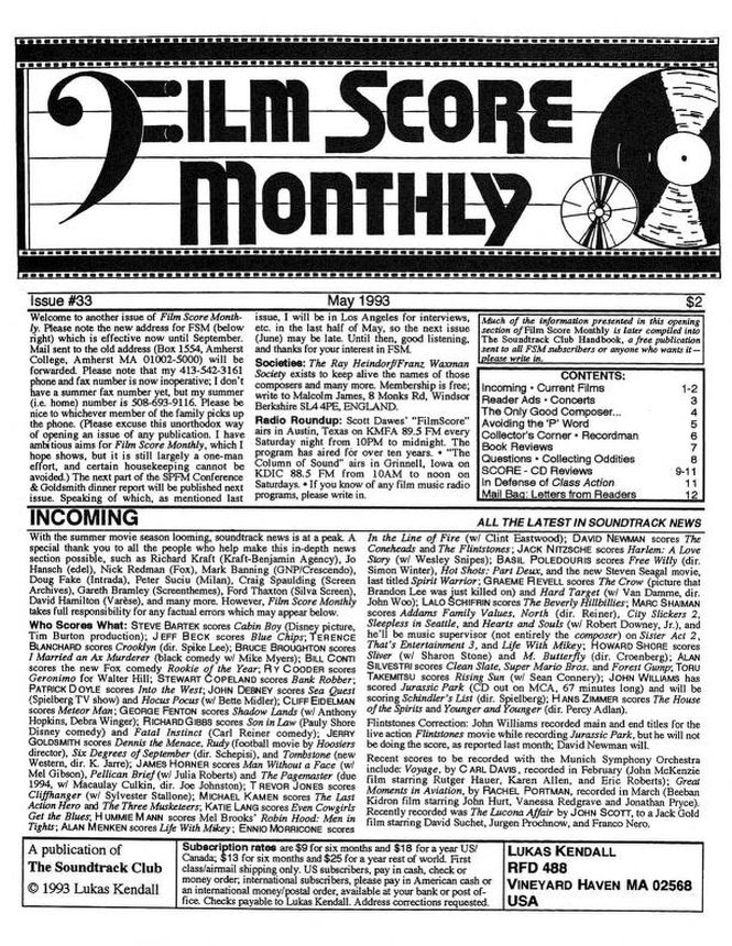 FILM SCORE MONTHLY magazine side cover Issue 33 May 1993