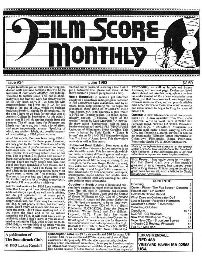 FILM SCORE MONTHLY magazine side cover Issue 34 June 1993