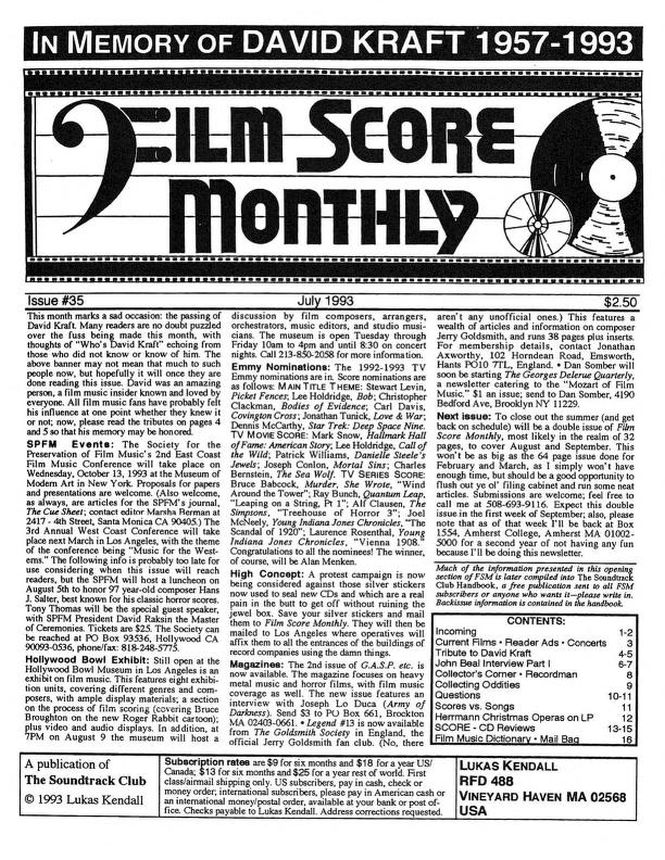 FILM SCORE MONTHLY magazine side cover Issue 35 July 1993