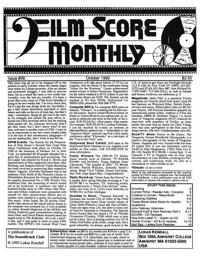 FILM SCORE MONTHLY magazine side cover Issue 38 October 1993