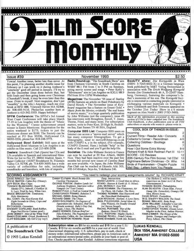FILM SCORE MONTHLY magazine side cover Issue 39 November 1993