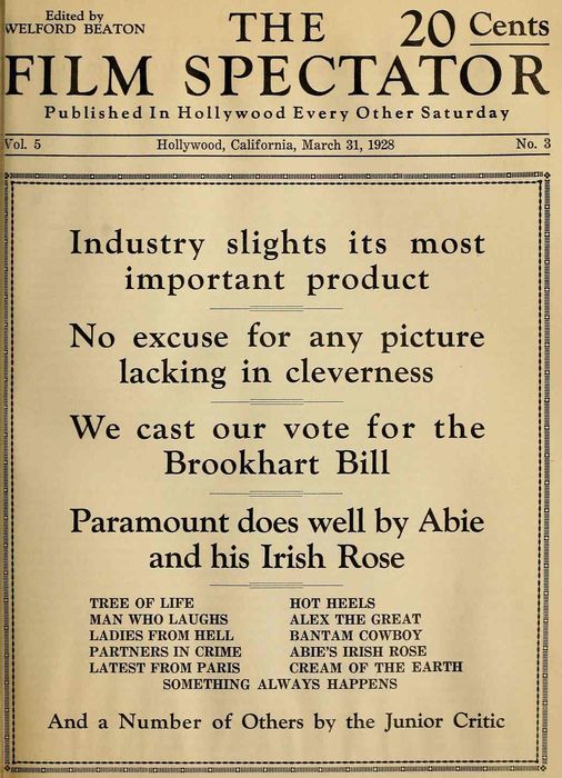 FILM SPECTATOR magazine side cover 31 March 1928