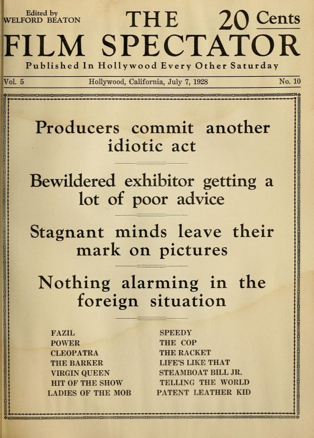 FILM SPECTATOR magazine side cover 7 July 1928
