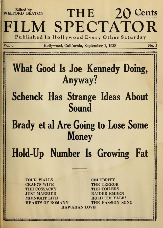 FILM SPECTATOR magazine side cover 1 September 1928