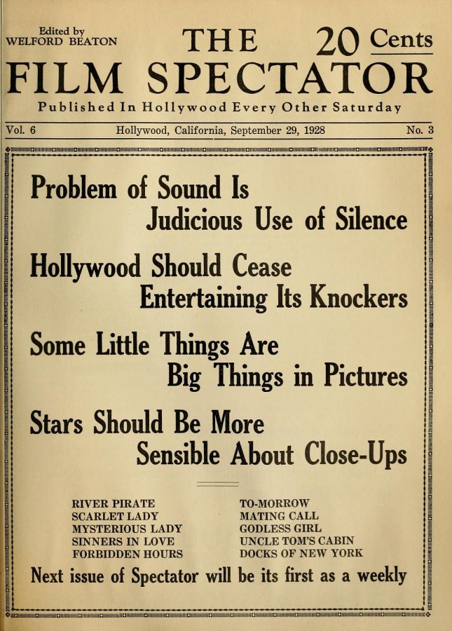 FILM SPECTATOR magazine side cover 29 September 1928
