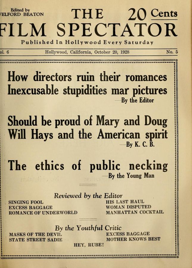 FILM SPECTATOR magazine side cover 20 October 1928