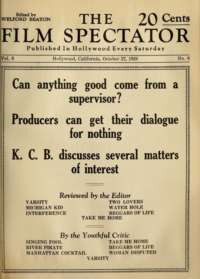 FILM SPECTATOR magazine side cover 27 October 1928
