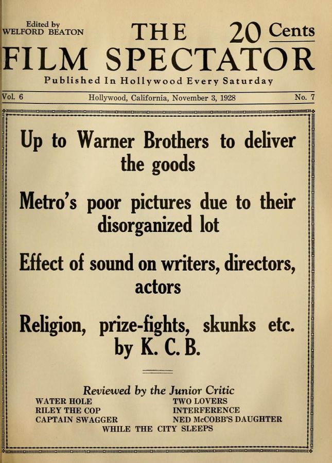 FILM SPECTATOR magazine side cover 3 November 1928