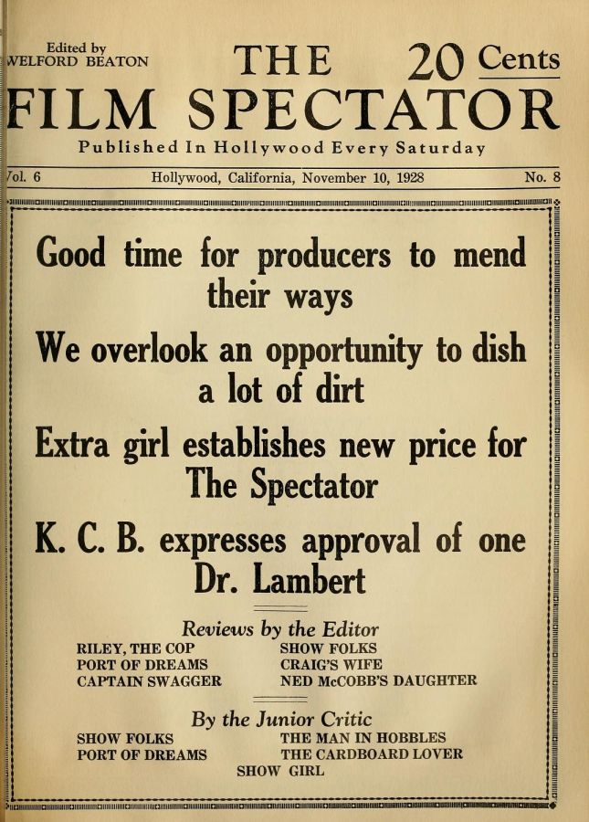 FILM SPECTATOR magazine side cover 10 November 1928