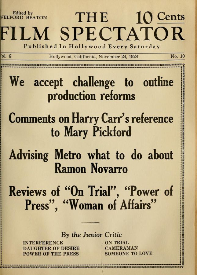 FILM SPECTATOR magazine side cover 24 November 1928